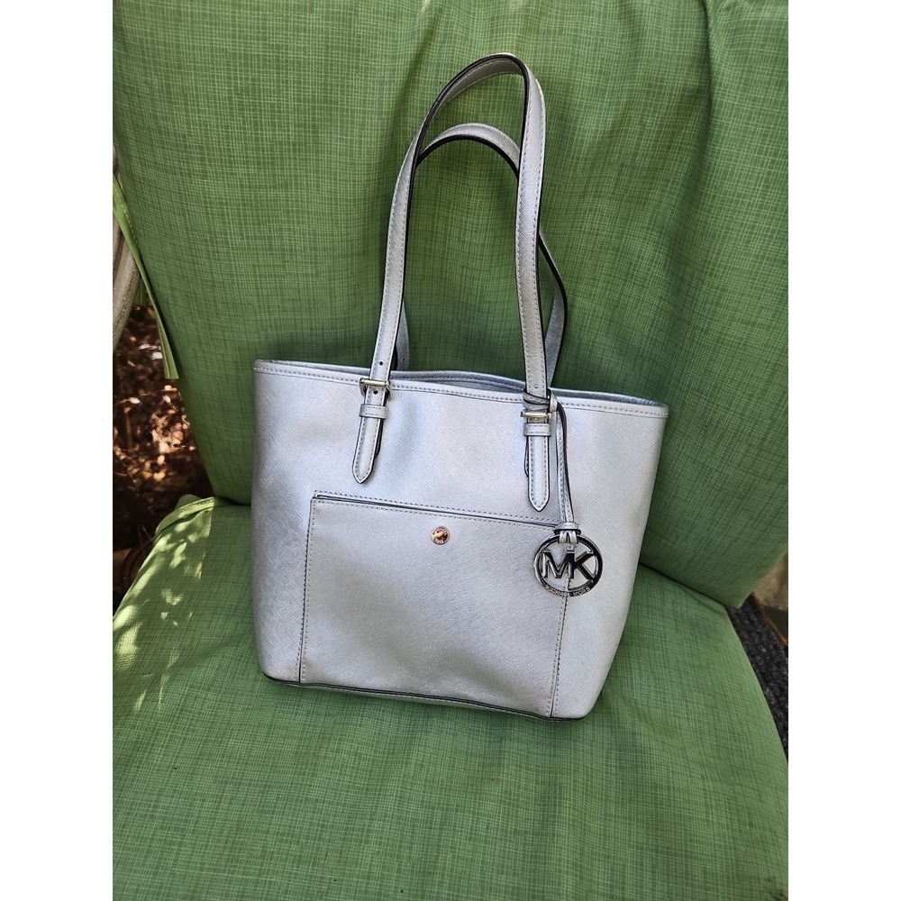 Michael Kors Jet Set Silver Metallic Tote Bag Purse Satchel MK Logo Large